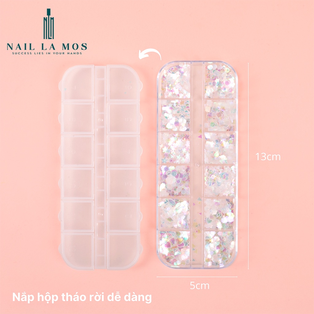 Set 12 ô nhũ hình trong suốt lấp lánh trang trí móng tay nghệ thuật