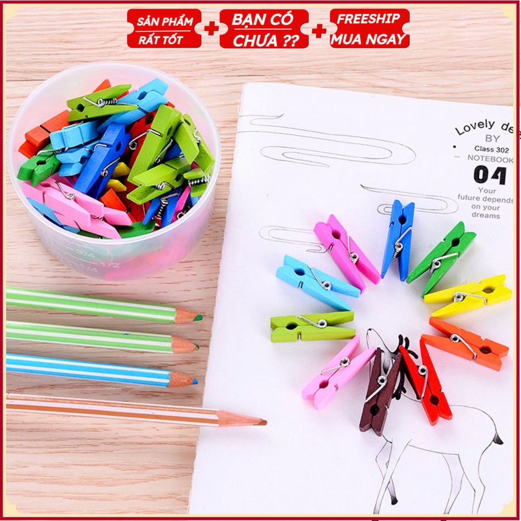 Combo 20 Kẹp Gỗ Treo Ảnh, Treo Tranh Hàn Quốc - Kẹp Giấy Trang Trí Đa Năng Đầy Màu Sắc Size 3.5cm Và Dây Gai