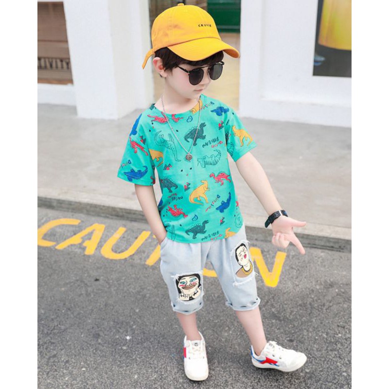 Set quần jean mềm NY áo khủng long bé trai