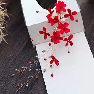 Cài tóc cô dâu hoa đỏ đính hạt