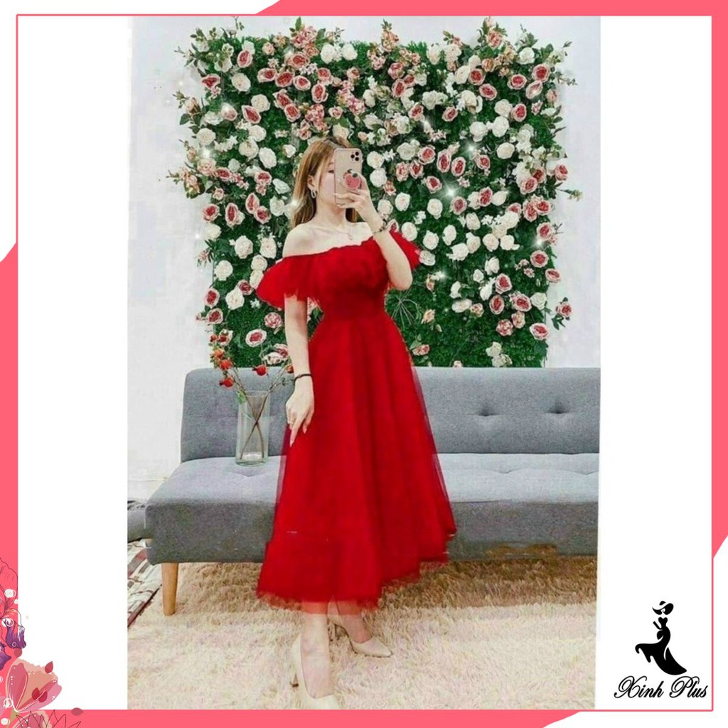 Đầm xoè lưới trễ vai tiểu thư