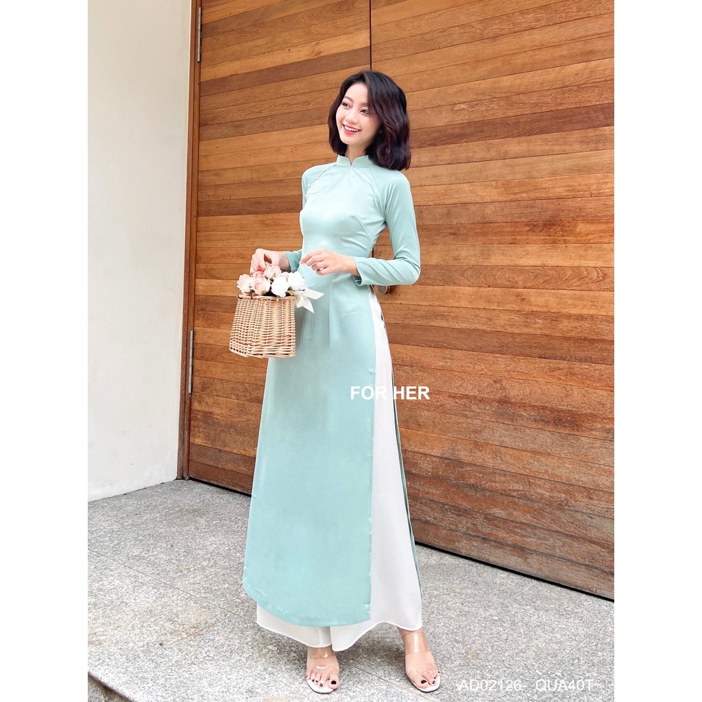 Áo dài Cách tân nữ trơn nút ngọc xanh min AD02126