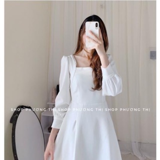 Váy cổ vuông dáng dài Váy dài tay, Đầm cổ vuông màu trắng kiểu dáng thanh lịch
