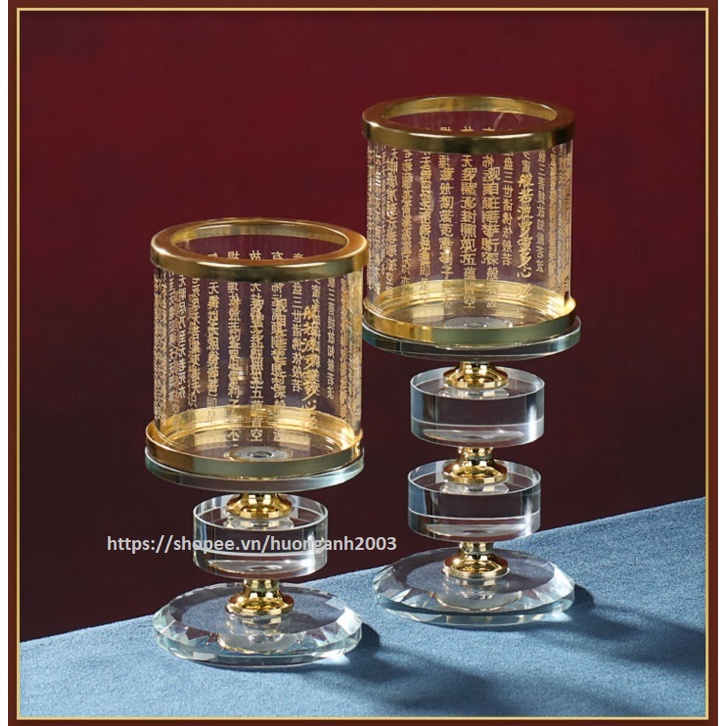 Đui Đèn Để Nến Bơ Bằng Thủy Tinh Pha Lê Cao 3 Tầng, Đèn Phật có Chụp chống gió - khắc in Bài Chú Tâm Kinh - 1 Cái