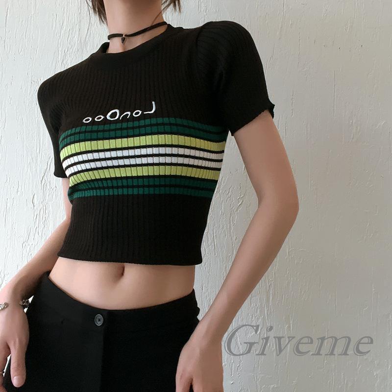 Áo Croptop Dệt Kim Cổ Tròn Tay Ngắn Họa Tiết Kẻ Sọc Thời Trang Mùa Hè Cho Nữ