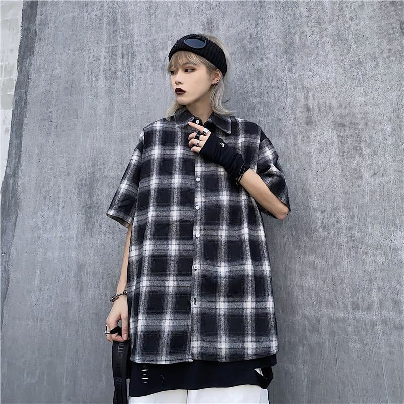 (mới) SƠ MI KẺ CARO TAY LỠ IN HOA CÚC SAU LƯNG - SƠ MI CARO HOA CÚC ULLZANG