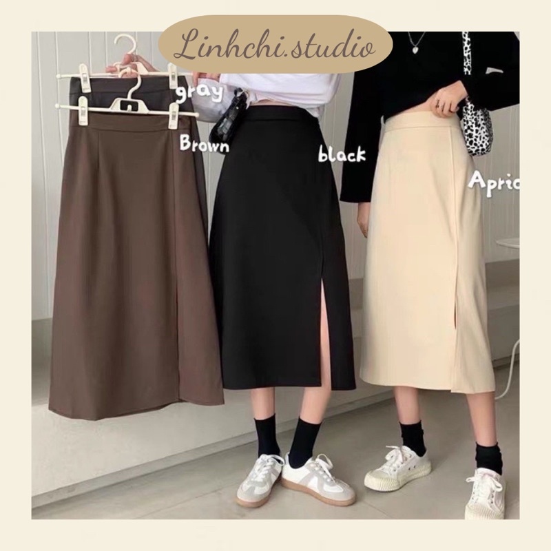 Chân váy midi xẻ tà trước dáng dài lưng cao chất tuyết mưa_Linhchi.studio