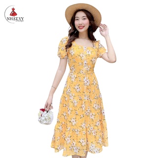 Đầm hoa Nhật Vy tay phồng cổ vuông phối cúc chiết eo dáng xoè chất voan phù hợp đi chơi dạo phố sang chảnh - D2249