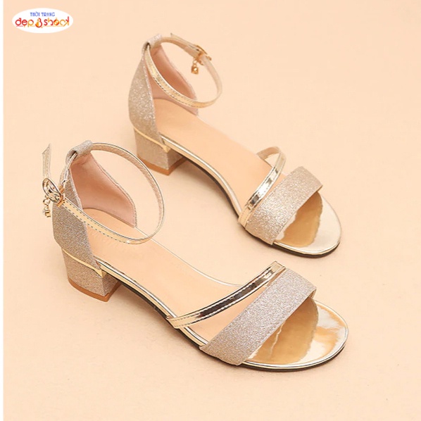 Sandal Cao gót quai ngang big size Gót 4cm quai Kim Tuyến Đen- 21092