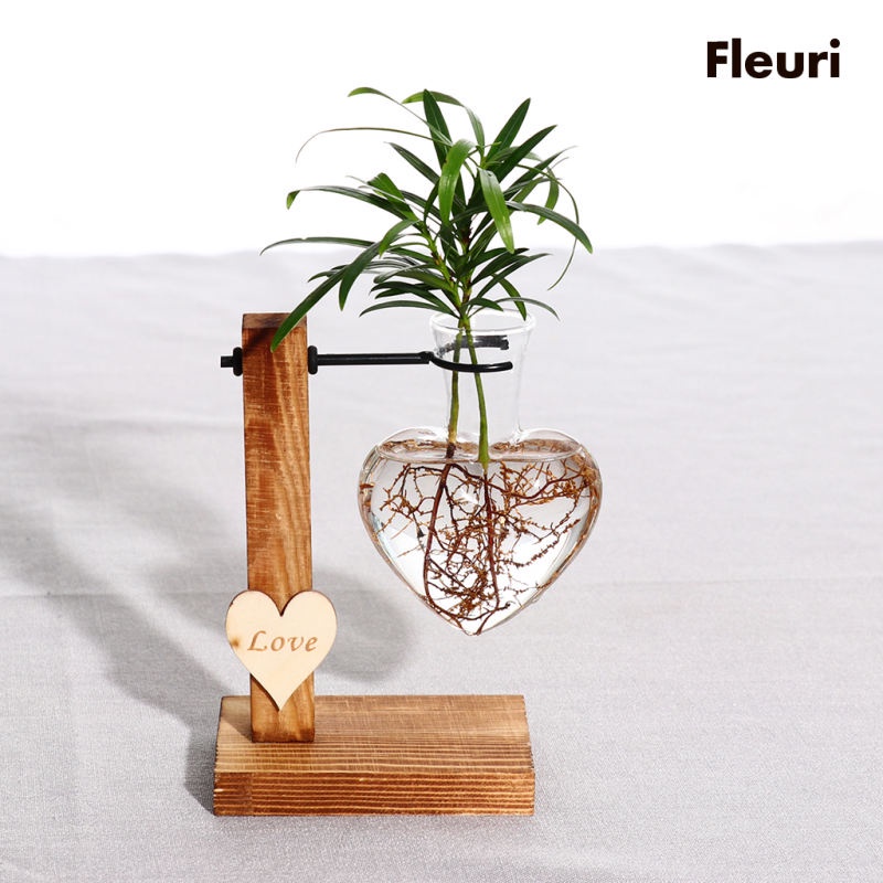 Chậu hoa thủy tinh để bàn kèm giá đỡ bằng gỗ