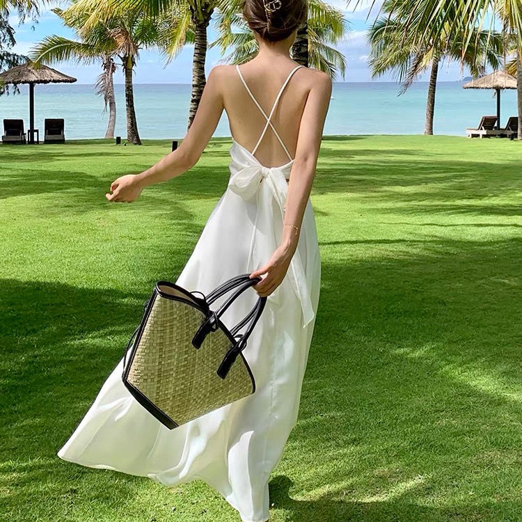 French retro white Sexy Super fairy White suspender dress seaside vacation style backless beach dress for women Summer