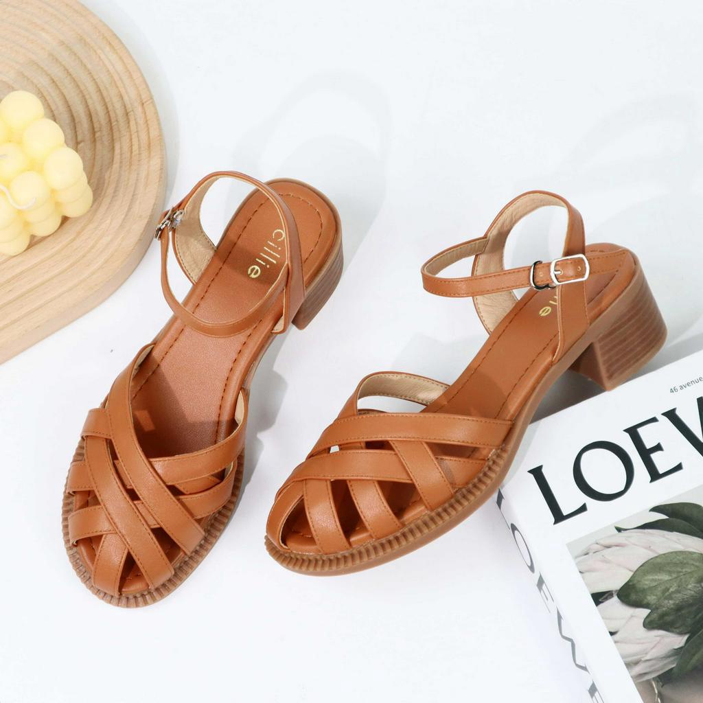 Giày sandal nữ mũi rọ đan dây gót vuông cao 5cm 1067