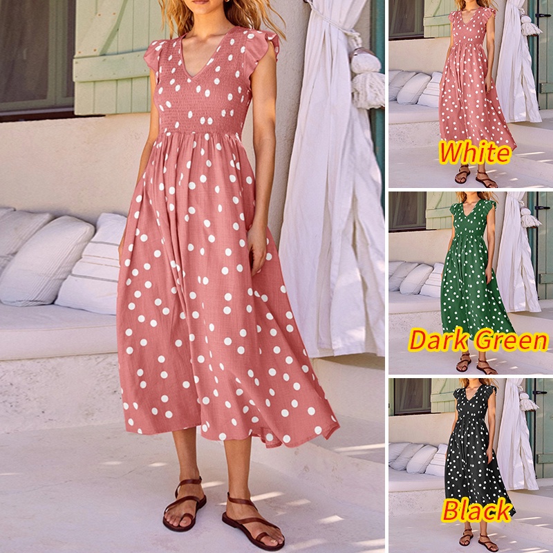 Zanzea Đầm Nữ Cổ Chữ V Tay Xếp Nếp Họa Tiết Chấm Bi Phong Cách Châu Âu
