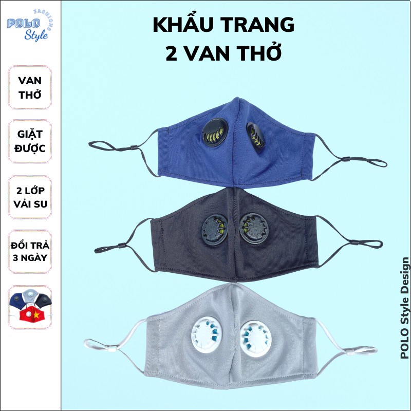 Combo 50 khẩu trang có Van thở 2 lớp vải su POLO Style - Chống nước, dễ thở, đeo thoải mái không đau tai