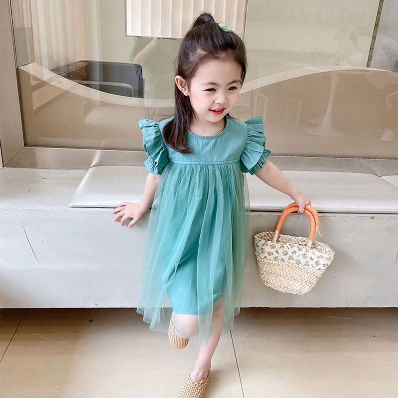 Đầm Công Chúa Tay Cộc Phối Lưới Màu Sắc Trơn Thời Trang Mùa Hè Cho Bé Gái
