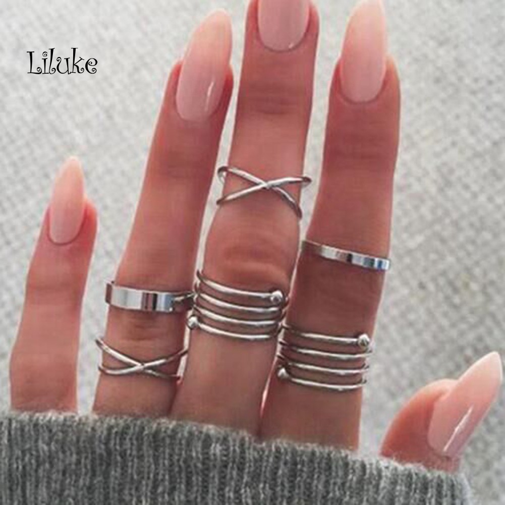 Bộ 6 Nhẫn Đeo Đốt Ngón Tay Phong Cách Vintage Xinh Xắn Cho Nữ