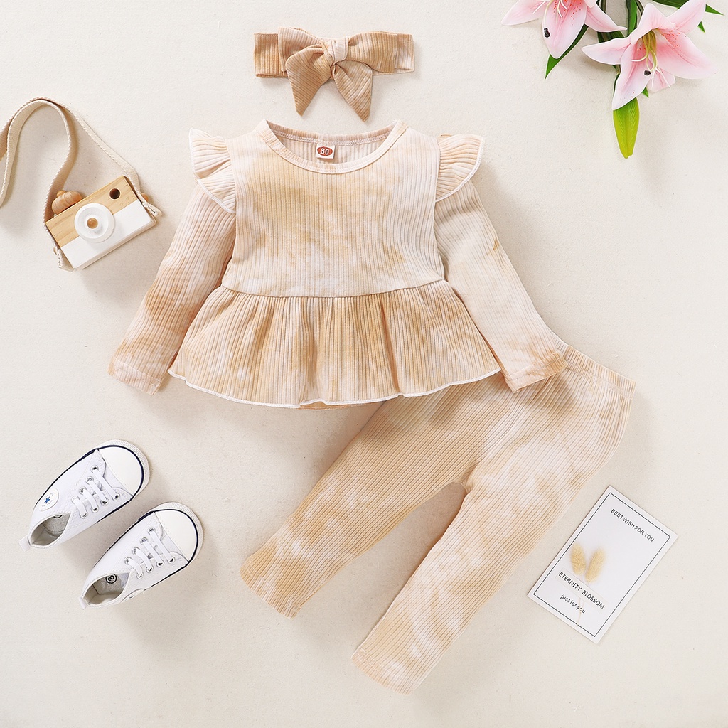 Bộ 3 món MIKRDOO Áo tay dài và Quần kèm Băng đô bằng cotton dành cho bé gái sơ sinh/ tập đi