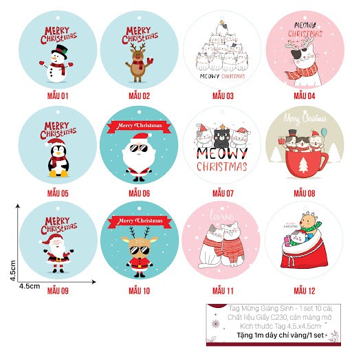 TAG NOEL treo hộp quà Noel, cây thông Giáng Sinh- SET 10 cái (12 mẫu ngẫu nhiên) Tặng dây chỉ vàng treo tag