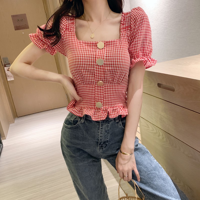 Áo croptop tay phồng hoạ tiết caro ulzzang