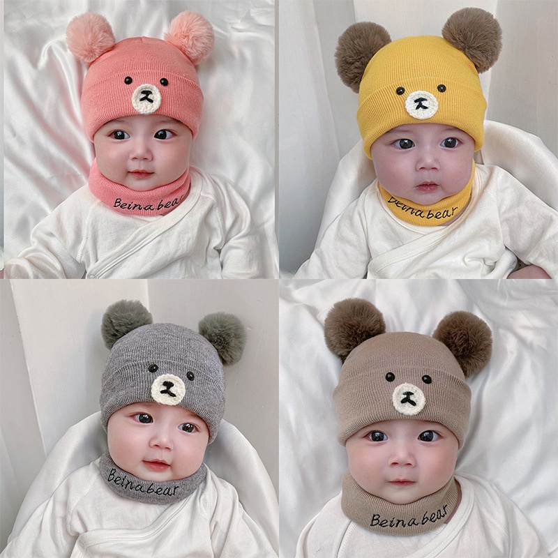 Set mũ trùm đầu kèm khăn choàng cổ dệt kim giữ ấm cho bé từ 3-12 tháng tuổi