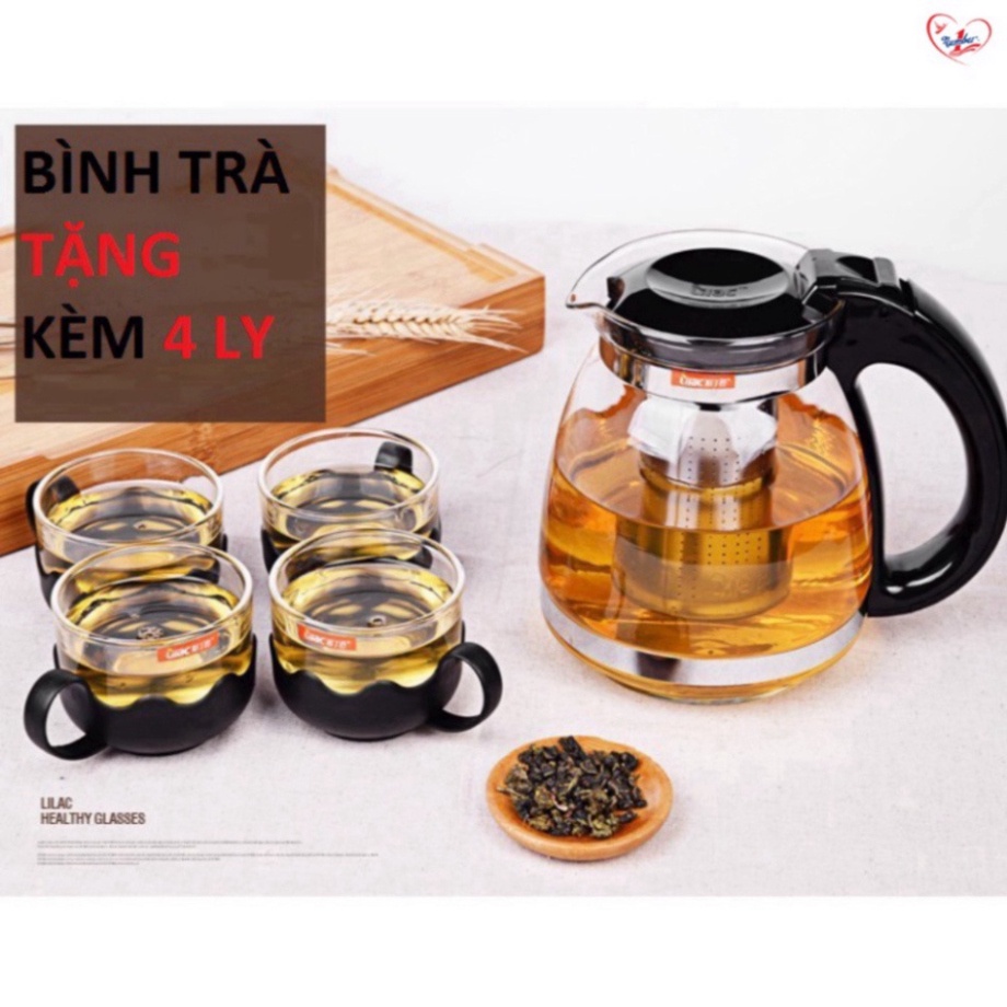 bộ ấm pha trà thủy tinh dung tích 1l có lõi lọc kèm 4 ly thủy tinh