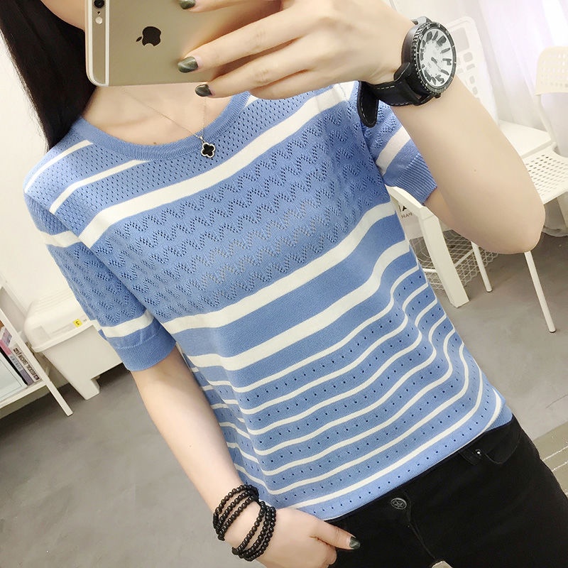 Áo thun tay ngắn họa tiết kẻ sọc plus size cho phụ nữ trung niên Sl1H