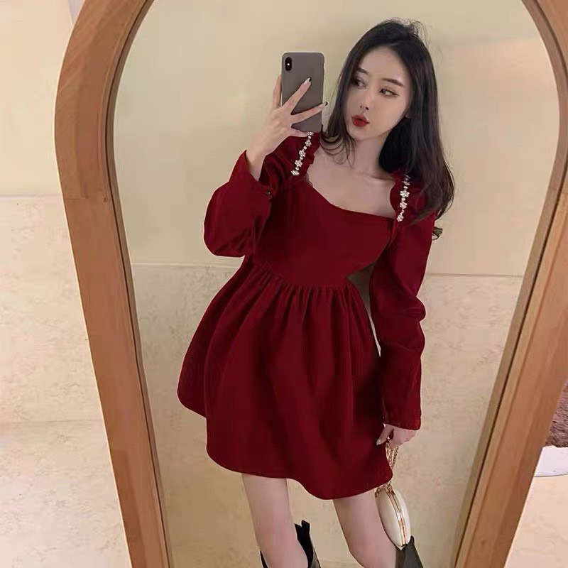 Váy Nhung Tay Dài Nữ, Đầm Xòe Cổ Vuông Vai Viền Ren Chất Nhung Dày Dặn Màu Đen, Đỏ, Váy Tiểu Thử Phong Cách Huyền Bí, Sa | BigBuy360 - bigbuy360.vn