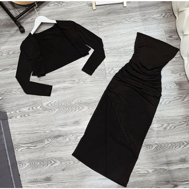 Set 2 Món Đầm Body Kèm Áo Khoác Nhún Eo, Thiết Kế Tôn Dáng Sang Chảnh alohashop91
