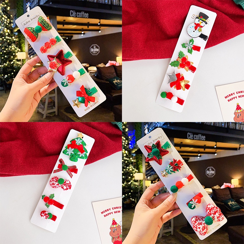 Kẹp tóc Giáng sinh nhiều họa tiết đáng yêu Baby-S, Set 5 kẹp tóc Noel phối màu xanh đỏ chủ đạo xinh xắn – SNOEL004
