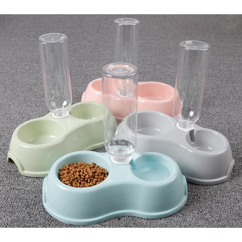 HCM- Bát nhựa đôi chó mèo loại có kèm bình nước - Ăn, Uống tự động cấp nước (hanpet 355)