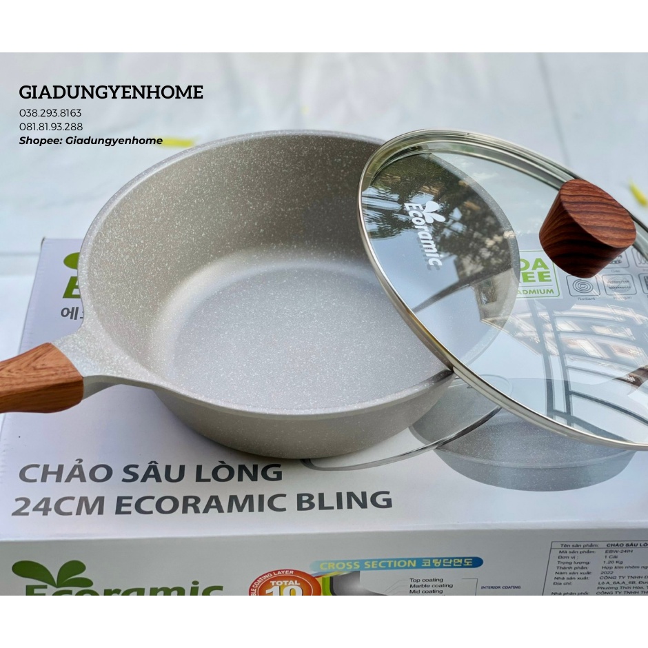 Chảo chống dính Hàn Quốc thương hiệu Ecoramic dòng Bling có nắp