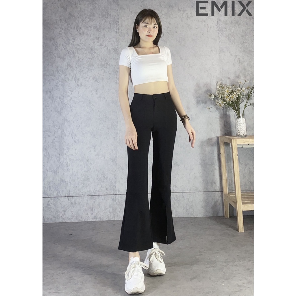 Quần tây công sở ống loe xẻ trước EMIX (màu đen), dáng dài 92cm, khóa giữa, có túi, chất tuyết mưa mềm mịn, chuẩn đẹp