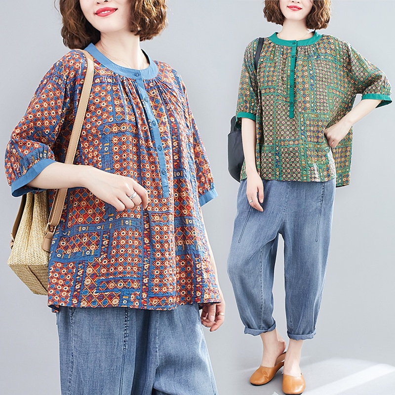 Bộ Áo Thun Cotton Lanh + Quần Jeans Harem Lưng Thun In Họa Tiết Chấm Bi Thời Trang
