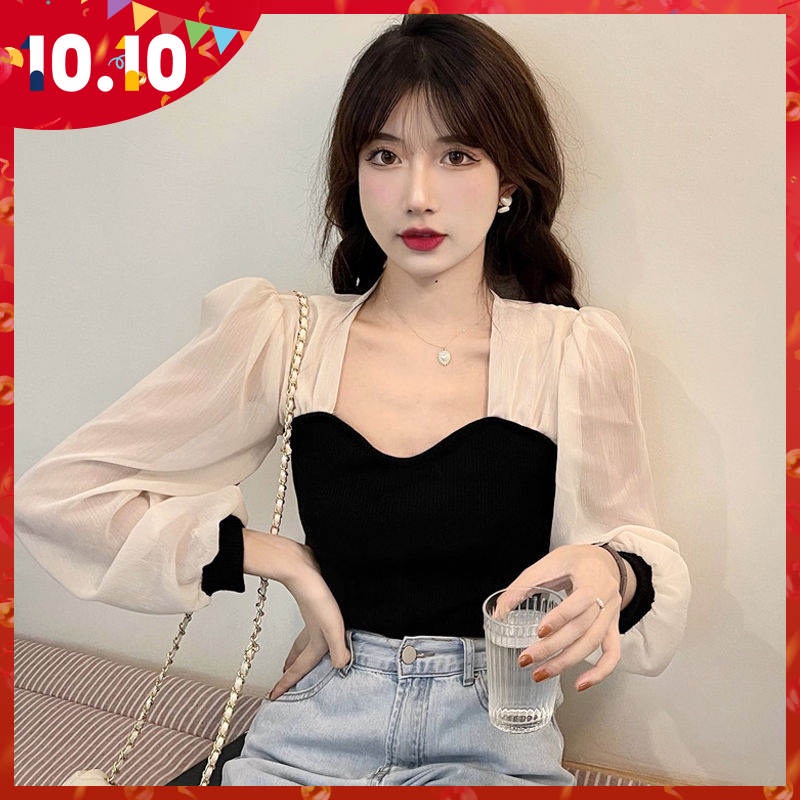 Áo sơ mi cổ vuông màu đen phong cách Pháp thời trang xuân thu cho nữ 2021