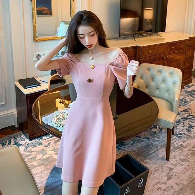 【ZHELIHANGFEI】Đầm Hồng Tay Ngắn Trễ Vai Ôm Dáng Thời Trang