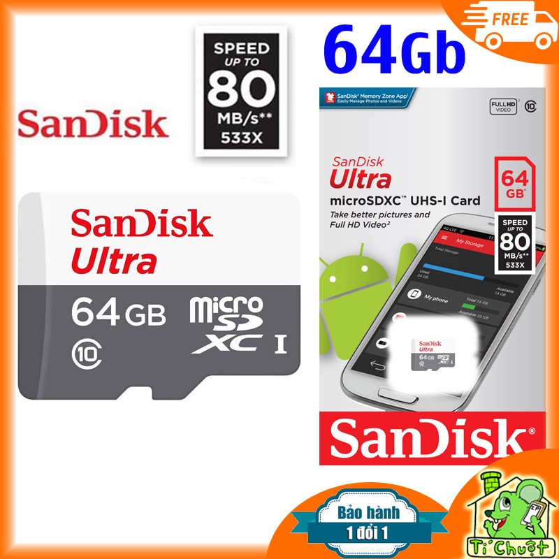 [FULLBOX Chính hãng] Thẻ Nhớ 64Gb SanDisk Ultra 80MB/s 533x UHS-1 MicroSDXC, Bảo Hành 2 năm