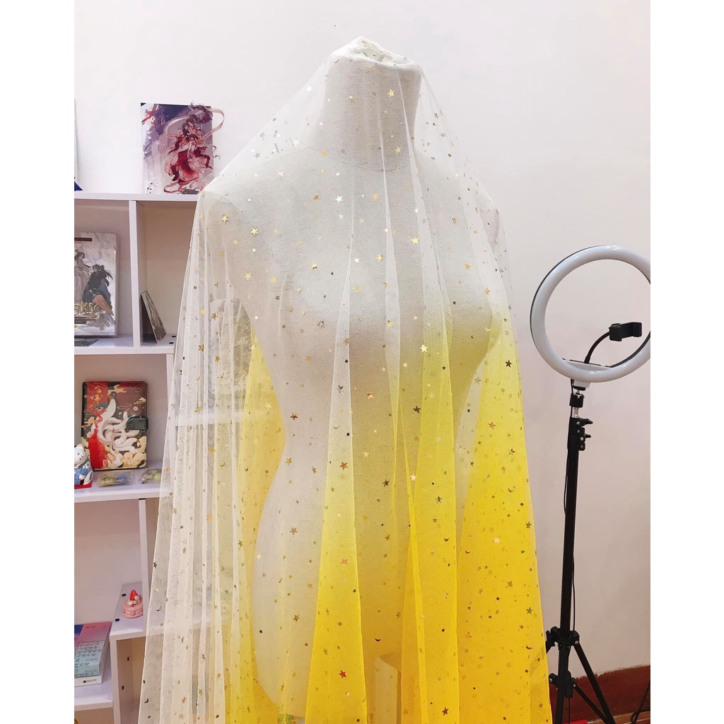 Vải lưới đính trăng sao lấp lánh ombre loang màu
