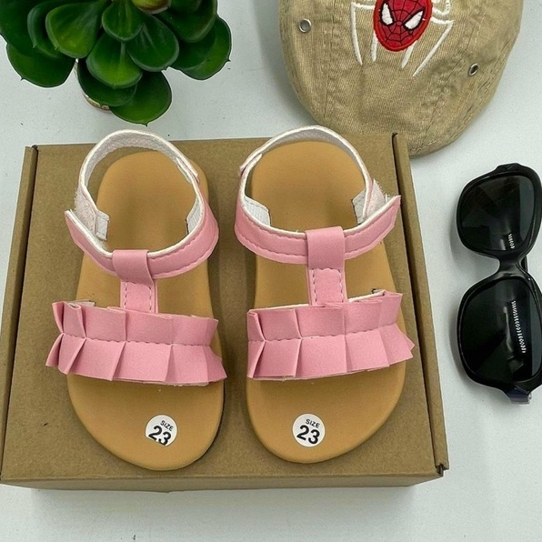 Giày quai dán cho bé gái màu hồng nơ nhúng cute-Chất liệu da cao cấp