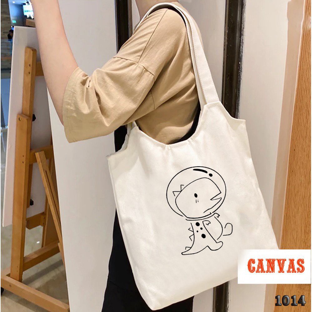 Túi Tote Trắng Vải Canvas Cao Cấp 1014 477 Khủng Long Dễ Thương Hàng May Công Ty Chuẩn Đẹp