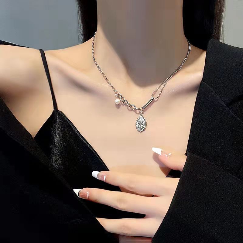 Vòng cổ nữ dây chuyền nữ mặt tròn hình thiên thần màu trắng cá tính mix xích V66