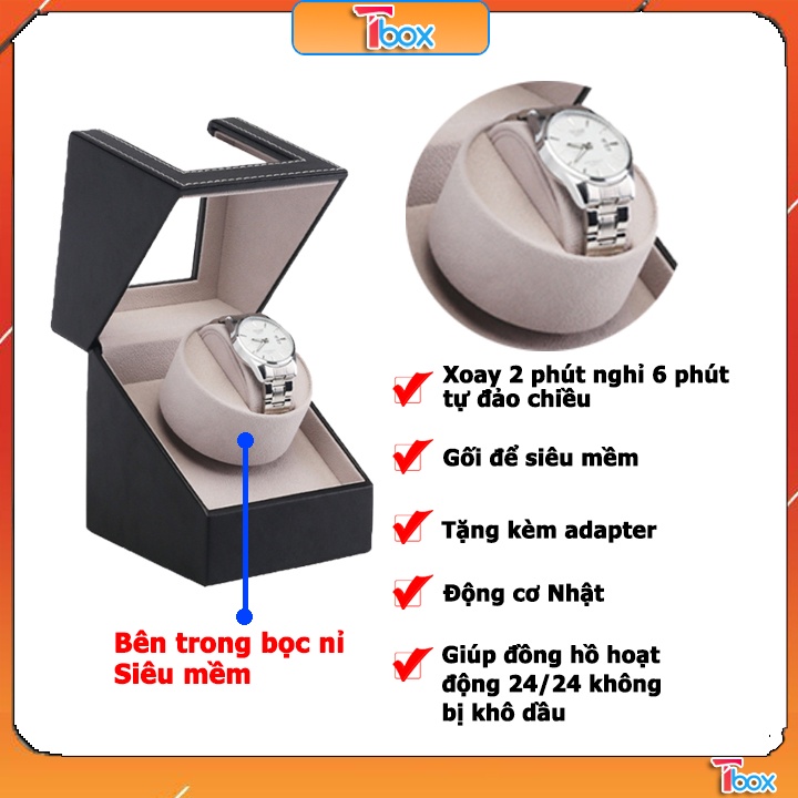 Hộp xoay 1 chiếc đồng hồ cơ, hộp lên cót tự động 1 đồng hồ bọc da PU màu đen sang trọng
