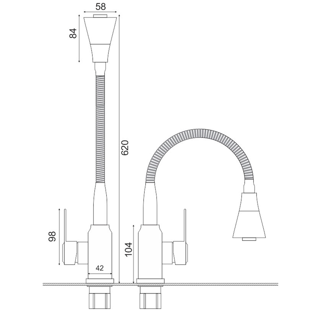 Vòi rửa chén bát nóng lạnh inox 304 màu bạc cao cấp loại cần mềm cổ bi xoay 360 độ, đầu vòi hình nón 2 chế độ xả nước