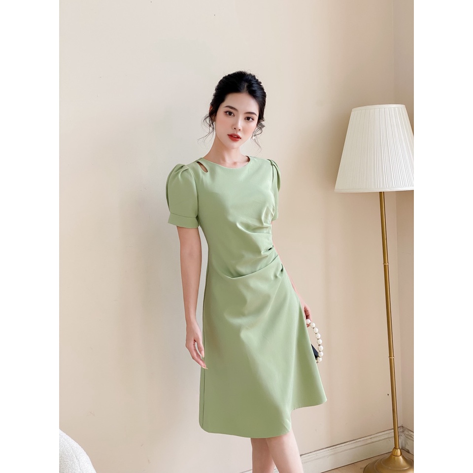 Váy cách điệu eo màu xanh YV01 vải trượt hàn cao cấp YAME