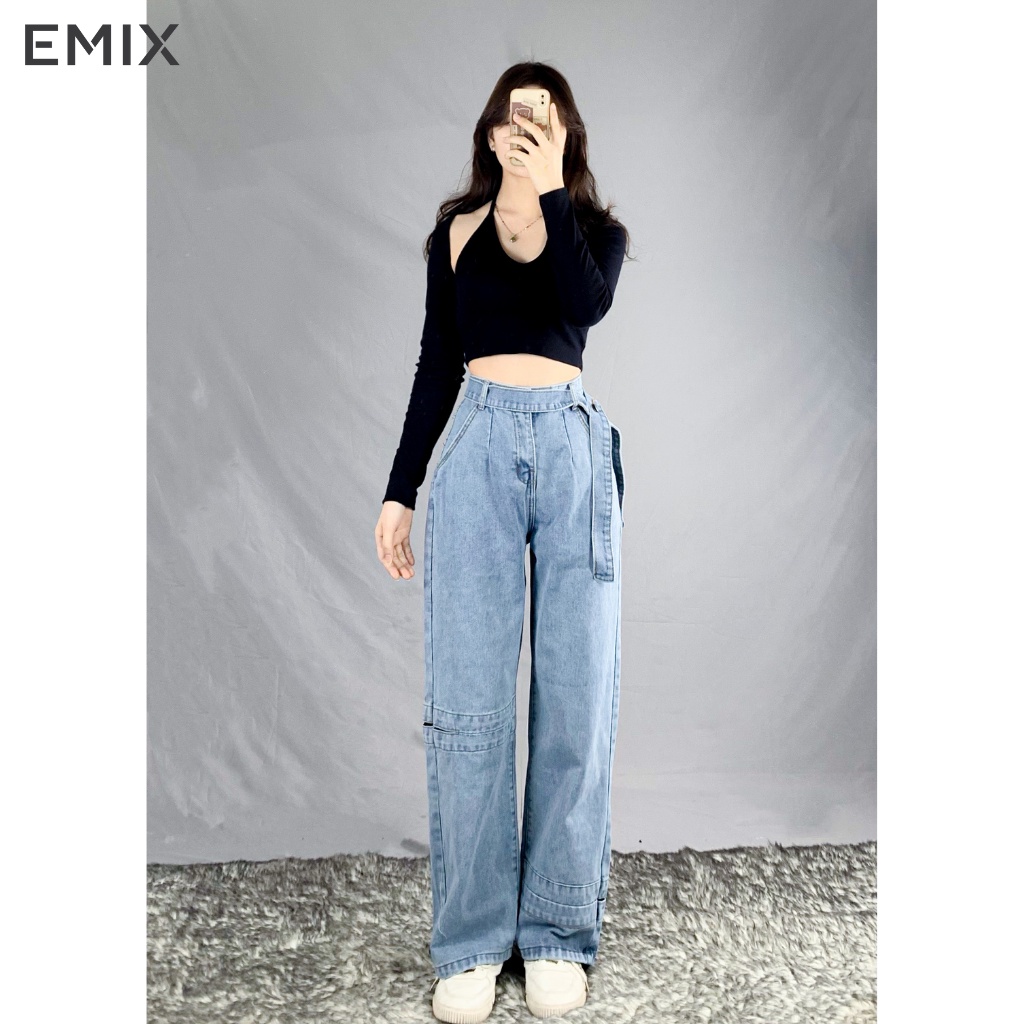 Quần jean nữ cá tính EMIX (màu xanh), unisex, dáng dài, cạp cao, nối chân, chất jean mềm nhẹ, giãn ít mã 9999