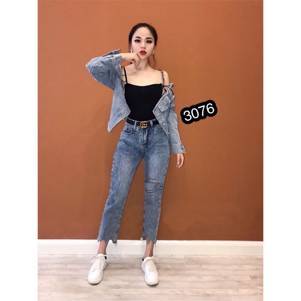 [FREESHIP 150K] Quần Jeans Nữ Rách Gối Phối Chữ Cao Cấp OHS3076 | WebRaoVat - webraovat.net.vn