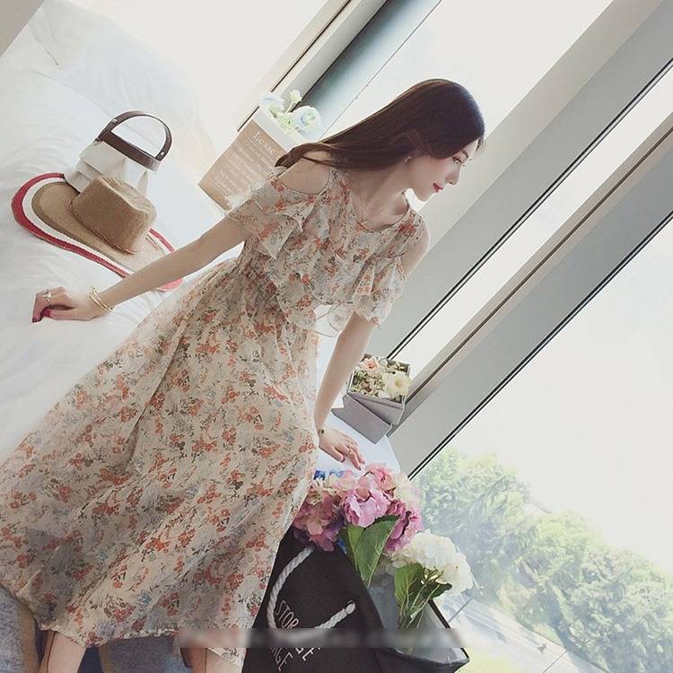 Đầm Maxi trễ vai chất Chiffon hoạ tiết hoa nữ tính