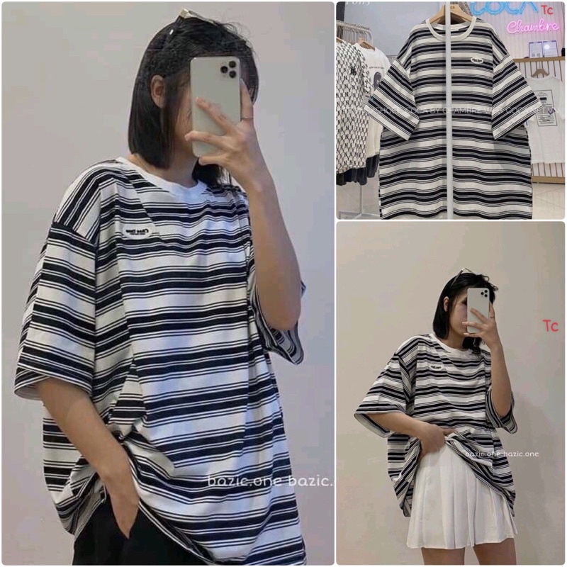 Áo thun kẻ ngang đen trắng Unisex , phom thụng
