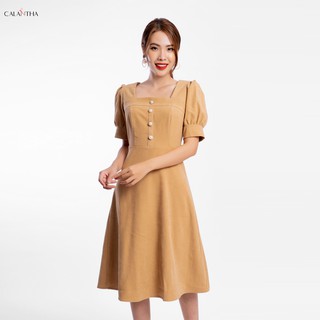 [ HÀNG THIẾT KẾ] 👗 váy đầm xòe nhung cổ vuông phối cúc  thời trang thiết kế  CALANTHA VA04