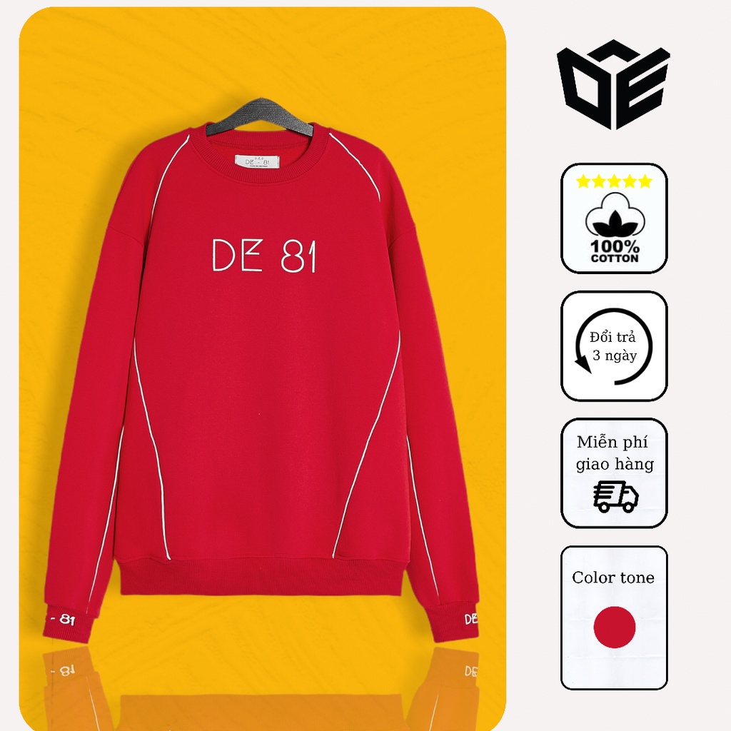 Áo sweater nam nữ form rộng basic màu đỏ chất nỉ bông dày dặn thương hiệu DE81