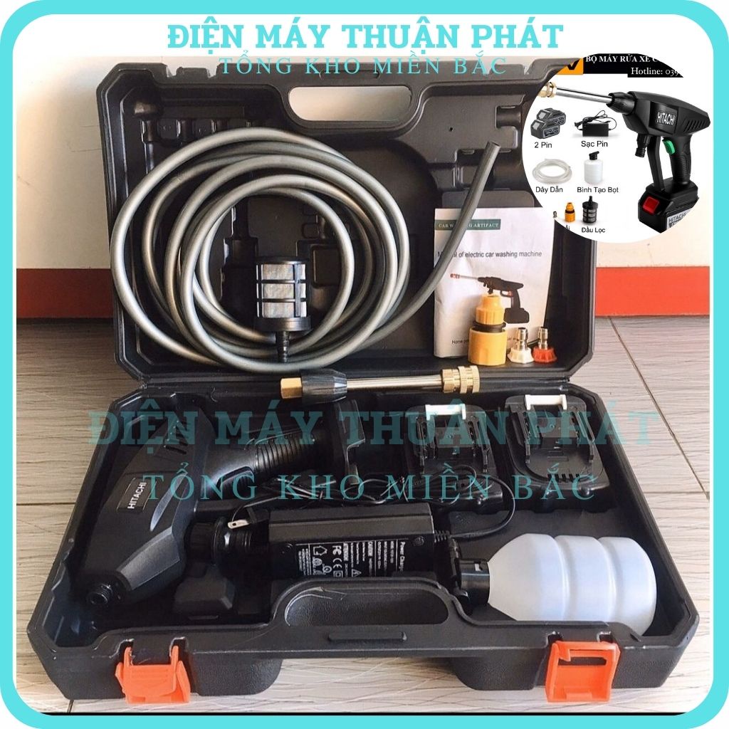 Máy rửa xe áp lực cao gia đình cầm tay total mini Pin Hitachi 199V mini giá rẻ bình phun bọt tuyết rửa xe máy cao áp